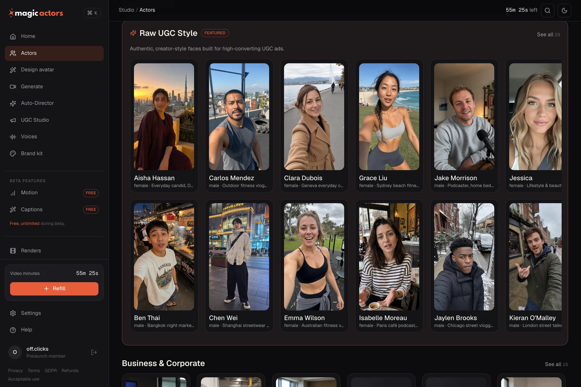 MagicActors promotional screen showing a roster of AI presenters in everyday settings